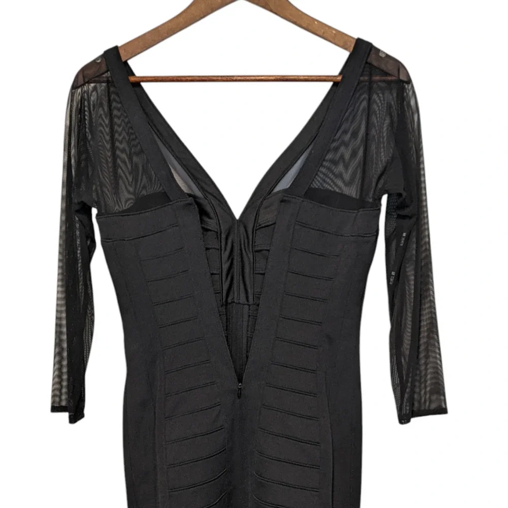 Tadashi Shoji Black Illusion Yoke Bandage Stretch Cocktail Evening Dress XS LBD - Picture 4 of 11